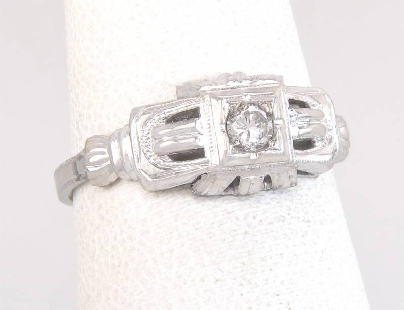 Antike Art-Deco .10Ct Echter Diamant 14K Weißgold Verlobungsring Größe 6, 25 von EstateAntiqueJewelry
