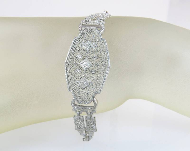 Antike Estate Filigrane .10Ct Echte Diamant 10K Weißgold Art-Deco-Armband von EstateAntiqueJewelry