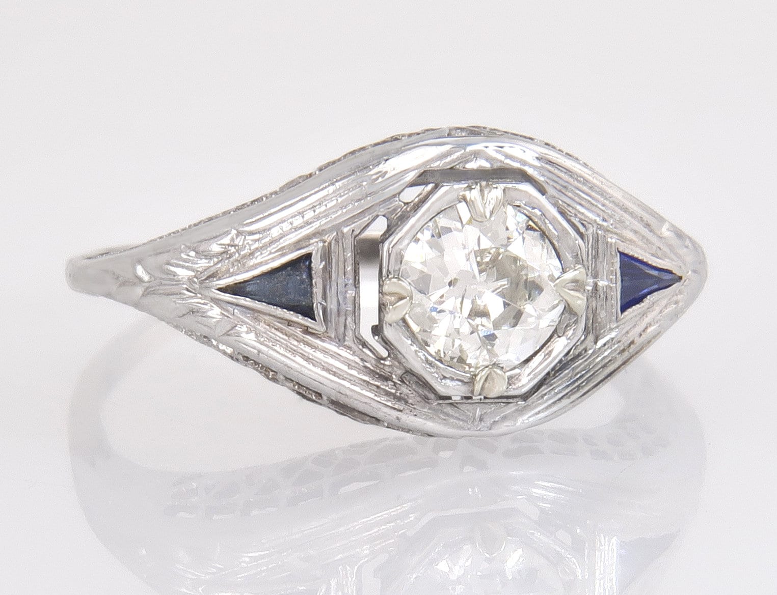 Antiker 14K Gold .67Ct Altschliff Diamant & Saphir Art Deco Ring Größe 7, 25 von EstateAntiqueJewelry