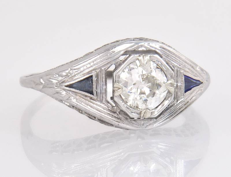 Antiker 14K Gold .67Ct Altschliff Diamant & Saphir Art Deco Ring Größe 7, 25 von EstateAntiqueJewelry