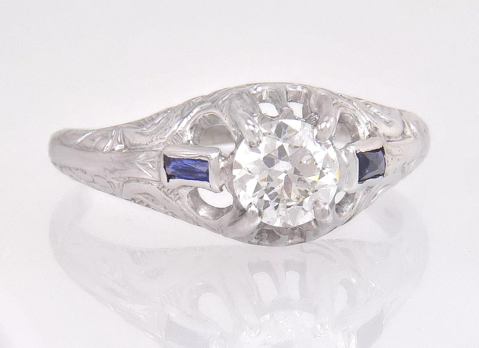 Antiker Egl Zertifizierter .52Ct Übergangsdiamant Saphir 18K Goldring Gr. 4.75 von EstateAntiqueJewelry