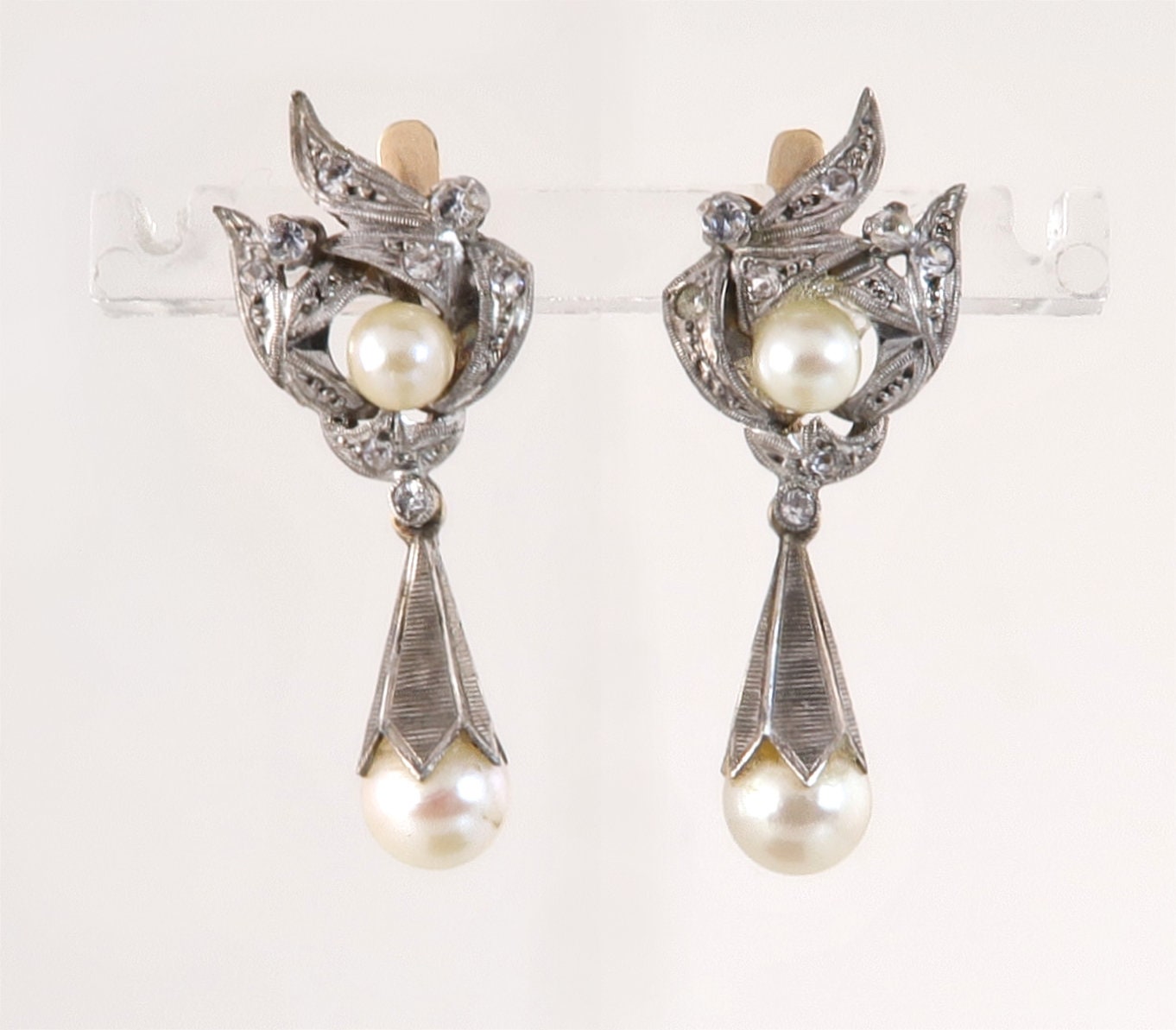 Antique Estate Platinum 10K Gold .33Ct Echte Diamant & Perlen Baumeln Ohrringe von EstateAntiqueJewelry