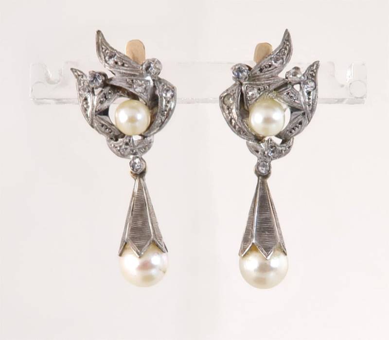 Antique Estate Platinum 10K Gold .33Ct Echte Diamant & Perlen Baumeln Ohrringe von EstateAntiqueJewelry