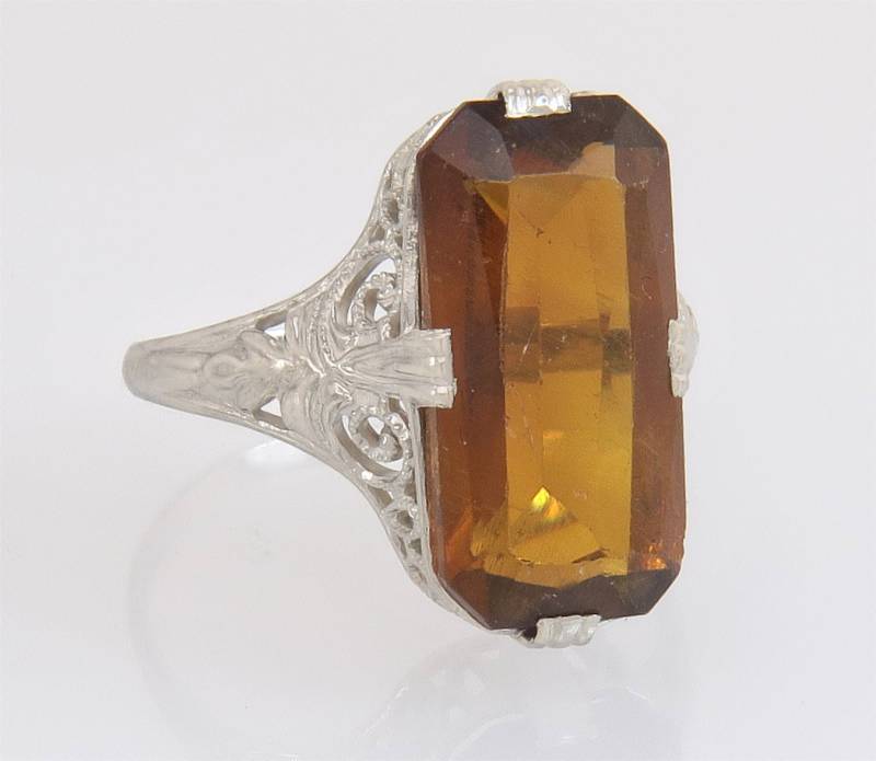 Antique Nachlass 14K Weißgold 4.50Ct Citrin Art Deco Dinner Ring Größe 6.5 von EstateAntiqueJewelry