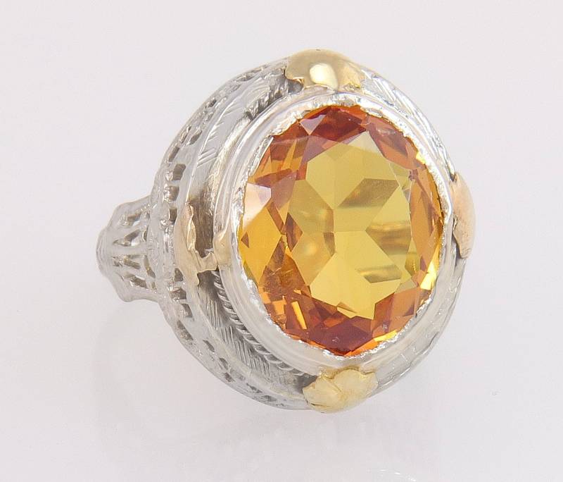 Antique Nachlass 14K Zweifarbige Gold Blumen 3.50Ct Citrin Art Deco Ring Größe 4, 25 von EstateAntiqueJewelry