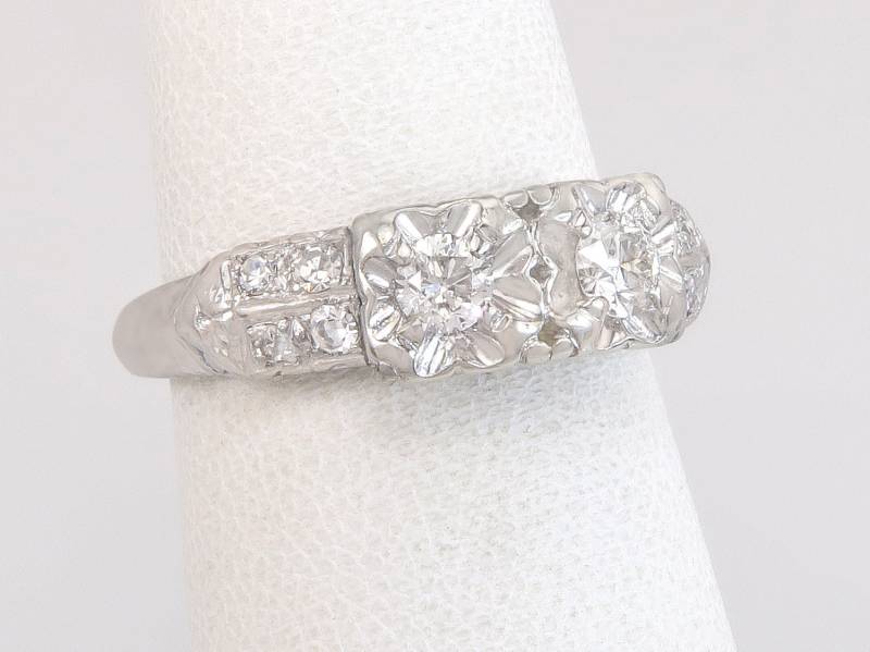 Antique.34Ct Echten Diamant 14K Weißgold Art-Deco-Verlobungsring Größe 6 von EstateAntiqueJewelry