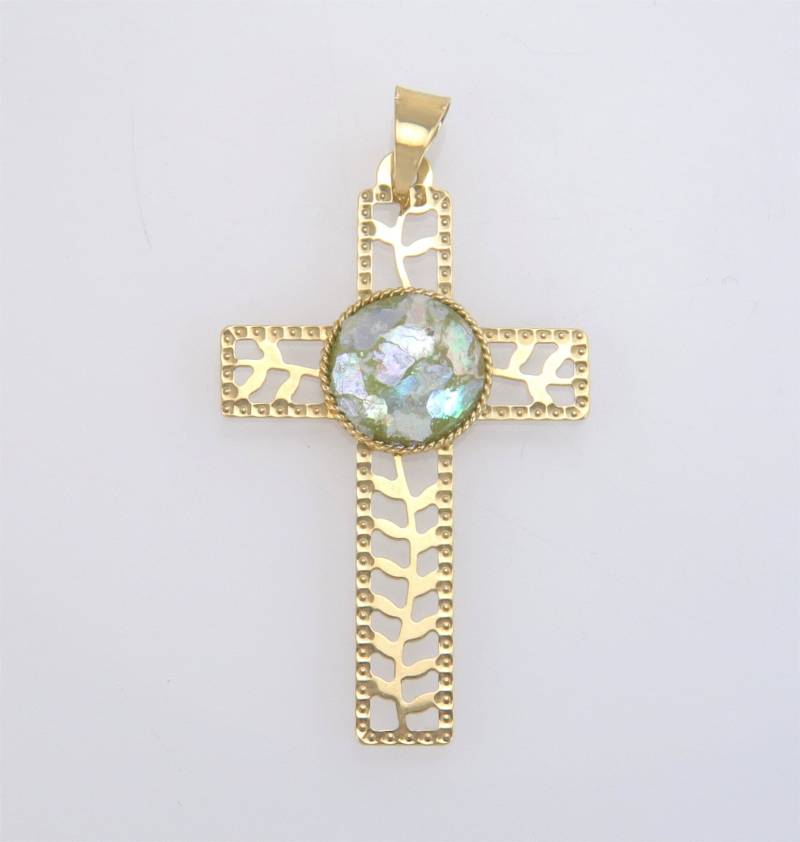 Nachlass 14K Gelbgold Multi Color Edelstein Kreuz Anhänger 2G Made in Israel von EstateAntiqueJewelry
