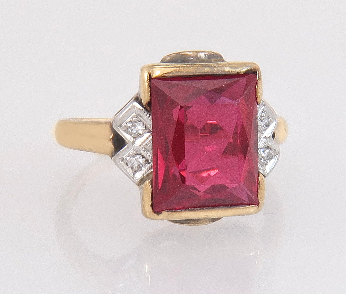 Vintage 10K Gelbgold 3, 34 Karat Echter Diamant & Spinell Art-Deco-Ring Größe 4, 25 von EstateAntiqueJewelry