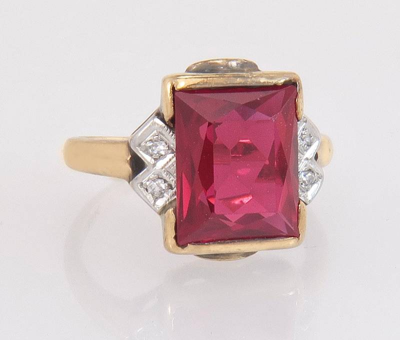 Vintage 10K Gelbgold 3, 34 Karat Echter Diamant & Spinell Art-Deco-Ring Größe 4, 25 von EstateAntiqueJewelry