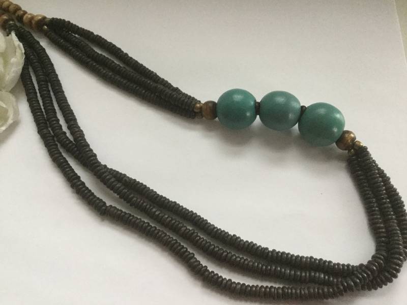 Holz Perlenkette 28"Verstellbar Türkis Blau Braun Sommer Retro Perlen Vintage Boho Chic Mid Century Schmuck Geschenk von EstatementTreasures