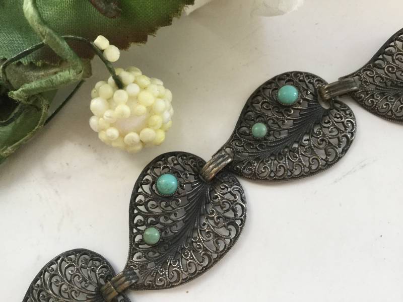 Silber Filigrane Blatt Armband 7 "Türkis Abgestuft Lacey Offene Arbeit Brauthochzeits-Mutters Valentinstags-Geburtstags-Geschenk-Sammlerstück von EstatementTreasures
