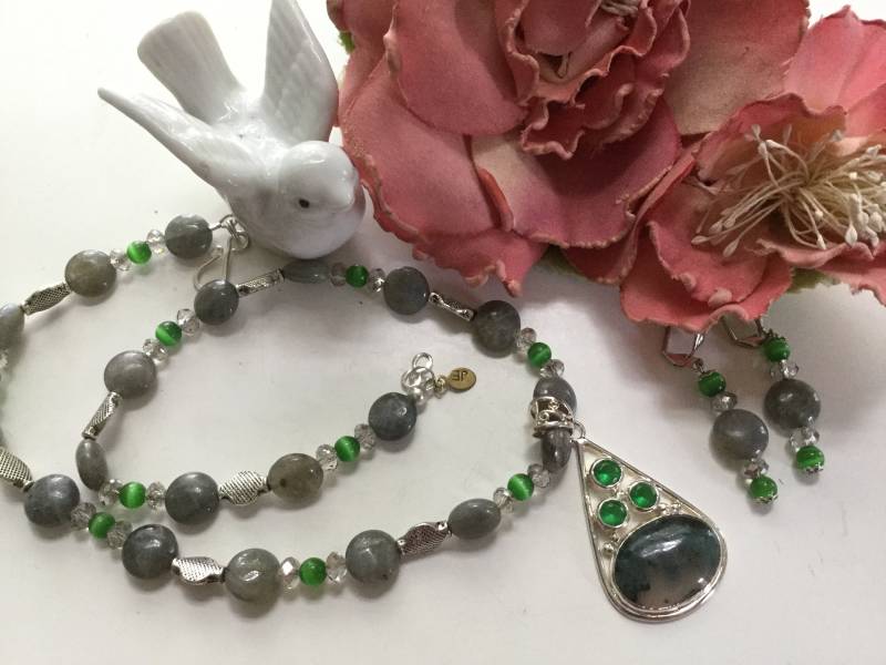 Sterling Stein Halskette Ohrringe Set 20 "Anhänger 925 Durchbohrt Grau Grün Katzenauge Silber Kristall Erdig Bio Handgefertigt Mystisch Sterling Stein Halskette Ohrringe Set 20 "Anhänger 925 Durchbohrt Grau Grün Katzenauge Silber Kristall Erdig Bio Handgefertigt Mystisch von EstatementTreasures