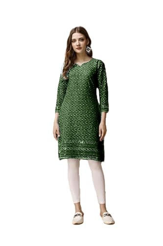 Estationeryhouse Chikankari Baumwolle Indische voll bestickt Kurti mit Futter für Frauen Sommerkleid Kurta Langarm mit Pailletten Arbeit auf Vorder- und Rückseite (keine Hose enthalten), flaschengrün, von Estationeryhouse