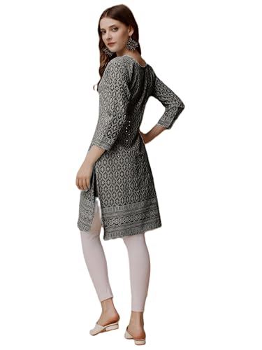 Estationeryhouse Chikankari Baumwolle Indische voll bestickt Kurti mit Futter für Frauen Sommerkleid Kurta Langarm mit Pailletten Arbeit auf Vorder- und Rückseite (keine Hose enthalten), Schwarz , von Estationeryhouse