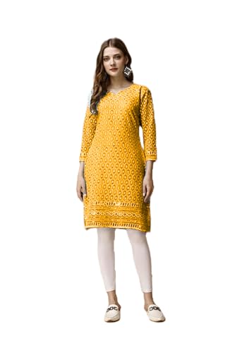 Estationeryhouse Chikankari Baumwolle Indische voll bestickt Kurti mit Futter für Frauen Sommerkleid Kurta Langarm mit Pailletten Arbeit auf Vorder- und Rückseite (keine Hose enthalten), senffarben, von Estationeryhouse