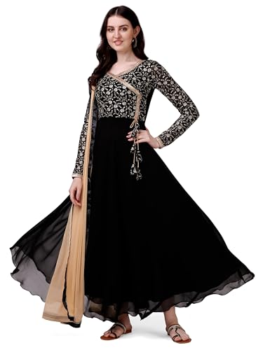 Estationeryhouse Damen Georgette Anarkali Kurta Kurti mit schwerer Stickerei mit kontrastierendem Dupatta (Hose nicht im Lieferumfang enthalten), Schwarz , XL von Estationeryhouse