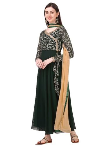 Estationeryhouse Damen Georgette Anarkali Kurta Kurti mit schwerer Stickerei mit kontrastierendem Dupatta (Hose nicht im Lieferumfang enthalten), flaschengrün, XL von Estationeryhouse