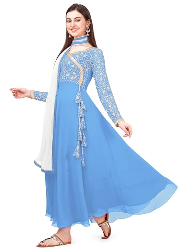 Estationeryhouse Damen Georgette Anarkali Kurta Kurti mit schwerer Stickerei mit kontrastierendem Dupatta (Hose nicht im Lieferumfang enthalten), himmelblau, XL von Estationeryhouse
