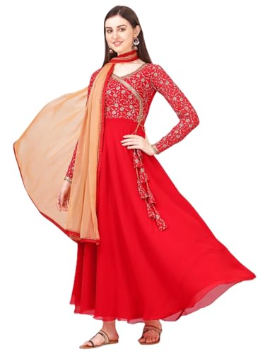 Estationeryhouse Damen Georgette Anarkali Kurta Kurti mit schwerer Stickerei mit kontrastierendem Dupatta (Hose nicht im Lieferumfang enthalten), rot, M von Estationeryhouse