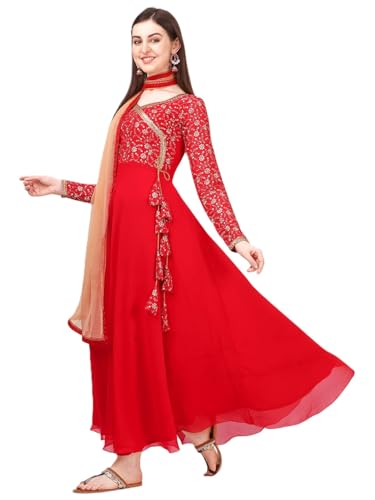 Estationeryhouse Damen Georgette Anarkali Kurta Kurti mit schwerer Stickerei mit kontrastierendem Dupatta (Hose nicht im Lieferumfang enthalten), rot, XL von Estationeryhouse