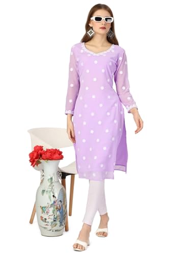 Estationeryhouse Damen Georgette Kurta Kurti mit Spitzenstickerei (Hose nicht im Lieferumfang enthalten), Flieder, XXL von Estationeryhouse