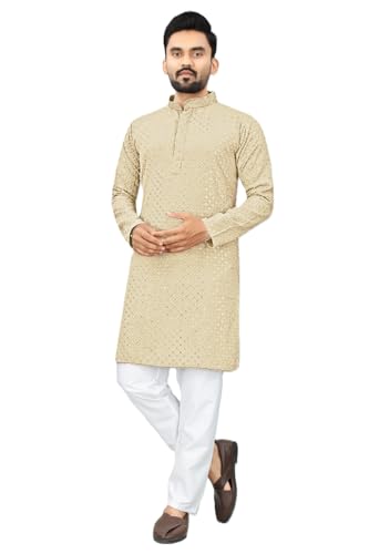 Estationeryhouse Kurta Herren-Pyjama aus Baumwolle (Rayon), gerade Passform, schwere Stickerei vorne und hinten (mit weißem Schlafanzug), beige, 3XL von Estationeryhouse
