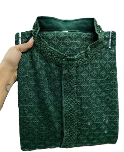 Estationeryhouse Kurta Herren-Pyjama aus Baumwolle (Rayon), gerade Passform, schwere Stickerei vorne und hinten (mit weißem Schlafanzug), dunkelgrün, XL von Estationeryhouse