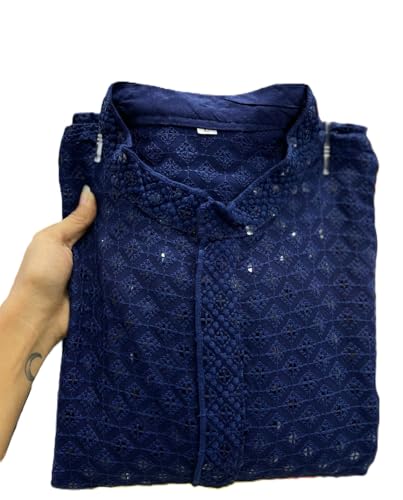 Estationeryhouse Kurta Herren-Pyjama aus Baumwolle (Rayon), gerade Passform, schwere Stickerei vorne und hinten (mit weißem Schlafanzug), marineblau, 3XL von Estationeryhouse