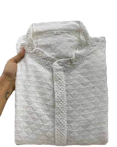 Estationeryhouse Kurta Herren-Pyjama aus Baumwolle (Rayon), gerade Passform, schwere Stickerei vorne und hinten (mit weißem Schlafanzug), weiß, 3XL von Estationeryhouse