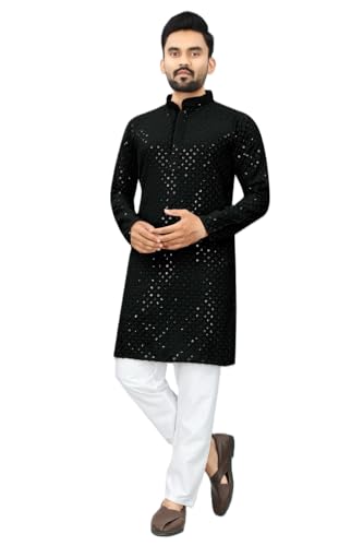 Estationeryhouse Kurta-Pyjama für Herren mit gerader Passform aus Baumwolle (Rayon), schwere Stickerei vorne und hinten (mit weißem Schlafanzug), Schwarz , XXL von Estationeryhouse