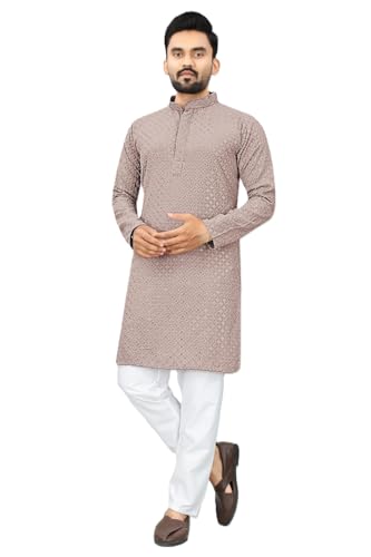 Estationeryhouse Kurta-Pyjama für Herren mit gerader Passform aus Baumwolle (Rayon), schwere Stickerei vorne und hinten (mit weißem Schlafanzug), braun, XL von Estationeryhouse