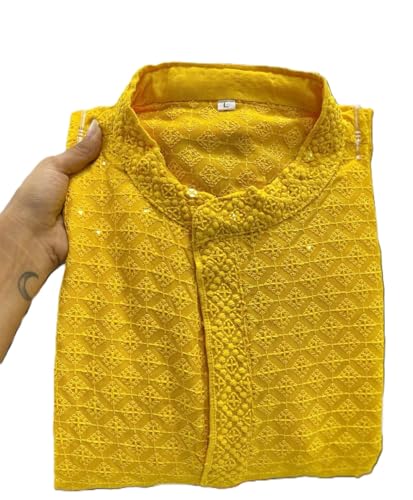 Estationeryhouse Kurta-Pyjama für Herren mit gerader Passform aus Baumwolle (Rayon), schwere Stickerei vorne und hinten (mit weißem Schlafanzug), gelb, M von Estationeryhouse