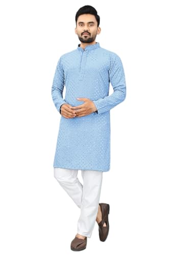 Estationeryhouse Kurta-Pyjama für Herren mit gerader Passform aus Baumwolle (Rayon), schwere Stickerei vorne und hinten (mit weißem Schlafanzug), himmelblau, L von Estationeryhouse