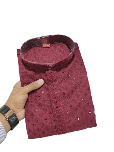Estationeryhouse Kurta-Pyjama für Herren mit gerader Passform aus Baumwolle (Rayon), schwere Stickerei vorne und hinten (mit weißem Schlafanzug), kastanienbraun, XL von Estationeryhouse