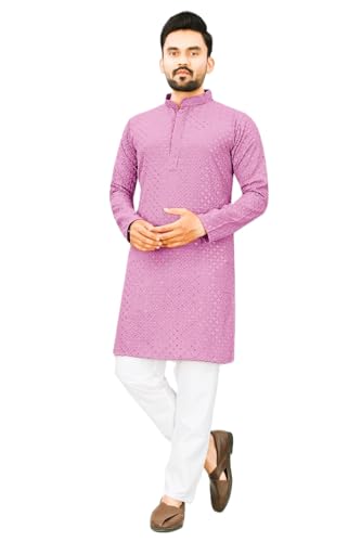 Estationeryhouse Kurta-Pyjama für Herren mit gerader Passform aus Baumwolle (Rayon), schwere Stickerei vorne und hinten (mit weißem Schlafanzug), rosa - dusty pink, 3XL von Estationeryhouse