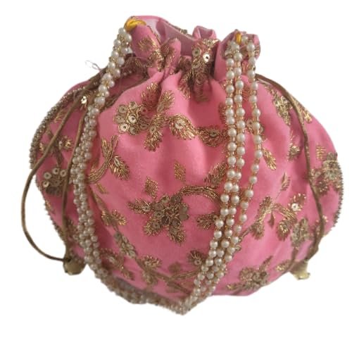 Handgefertigte Potli-Tasche für Damen, indischer Samt, Party, Hochzeit, Clutch, traditionelles Geschenk, hellrosa, 22x20 cm von Estationeryhouse