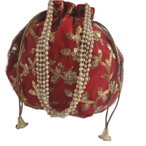 Handgefertigte Potli-Tasche für Damen, indischer Samt, Party, Hochzeit, Clutch, traditionelles Geschenk, rot, 22x20 cm von Estationeryhouse