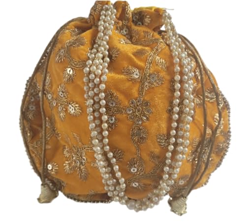 Handgefertigte Potli-Tasche für Damen, indischer Samt, Party, Hochzeit, Clutch, traditionelles Geschenk, senfgelb, 22x20 cm von Estationeryhouse
