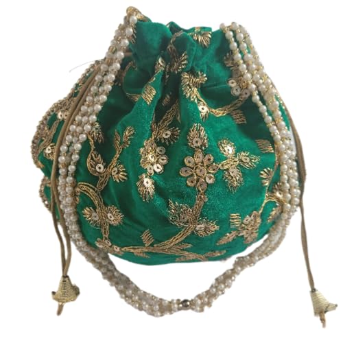 Handgefertigte Potli-Tasche für Damen, indischer Samt, Party, Hochzeit, Clutch, traditionelles Geschenk, smaragdgrün, 22x20 cm von Estationeryhouse