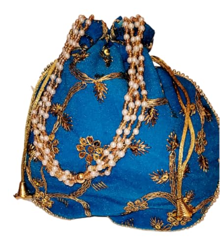 Handgefertigte Potli-Tasche für Damen, indischer Samt, Party, Hochzeit, Clutch, traditionelles Geschenk, türkis / blau, 22x20 cm von Estationeryhouse