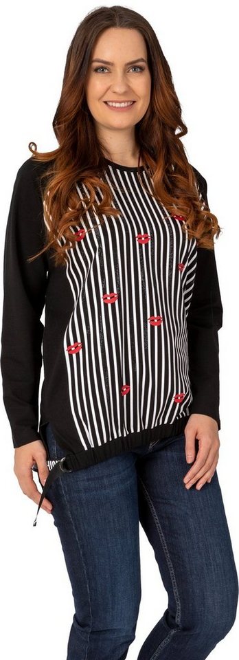 Estefania for woman Langarmshirt 186-7132 mit Streifenprint und Strassbesatz raffinierter Gummibund am Saum von Estefania for woman