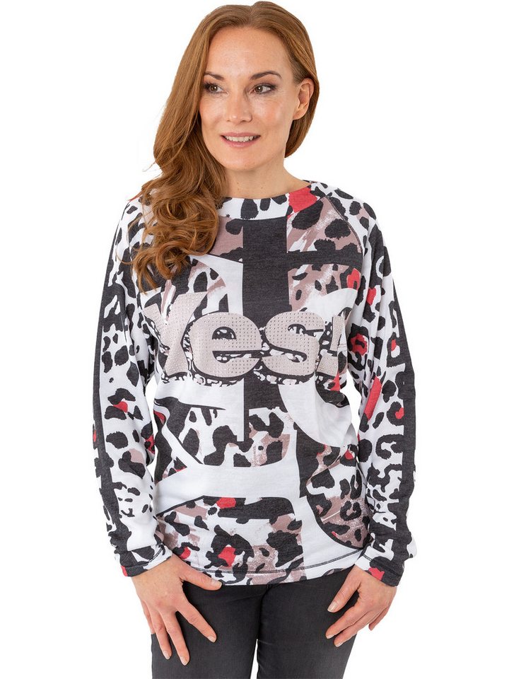Estefania for woman Rundhalspullover 196-7650, "yes" mit Strassbesatz verspielter Animalprint von Estefania for woman