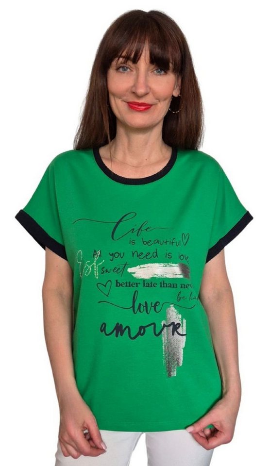 Estefania for woman Rundhalsshirt 190_1119, mit Schriftzug und Netz-Einsätzen seitliche Schlitze mit Netz von Estefania for woman