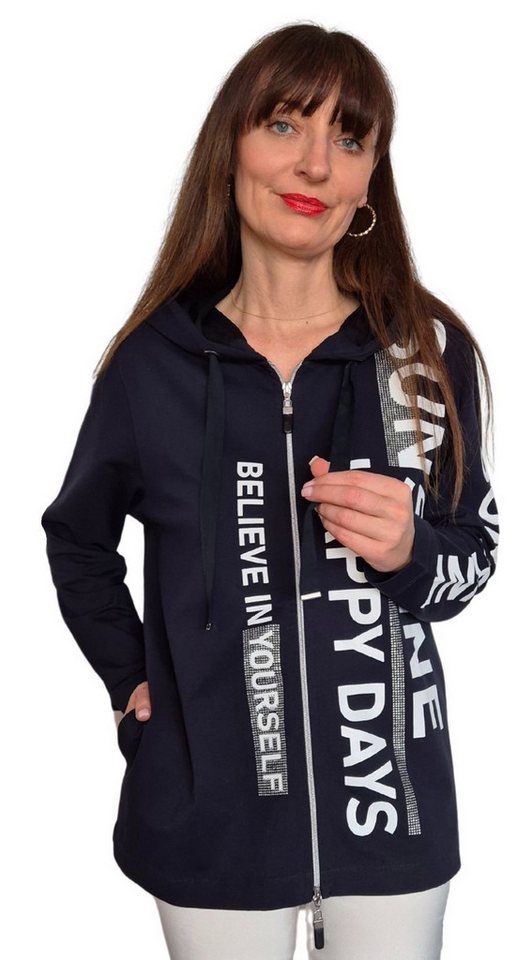 Estefania for woman Sweatjacke 190-9101 leichte Long Sweatjacke mit Schriftzug und Strassbesatz von Estefania for woman