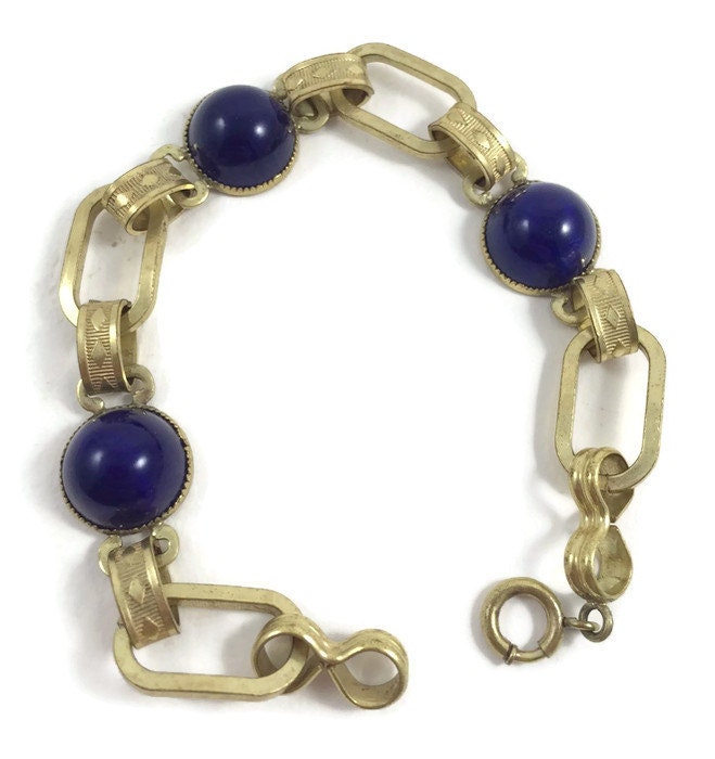 Vintage Gold-Ton Und Blauem Glas-stein-Link Armband - 1950Er Jahre Gold Gewölbten Lapis Vintage Gold-Ton Und Blauem Glas-stein-Link Armband - 1950Er Jahre Gold Gewölbten Lapis von EstherLous