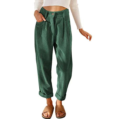 Cordhose für Damen, Lockere, Bequeme Hose, Elastische, Hoch Taillierte Vintage-Hose(XL-OD-Grün) von Estink