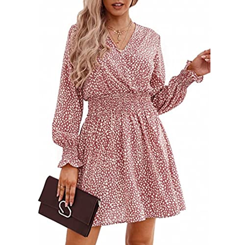 Damen Langarm Kleid Wrap Tiefer V-Ausschnitt Floral A-Linie Kurzes Kleid für Frühling Sommer Herbst von Estink