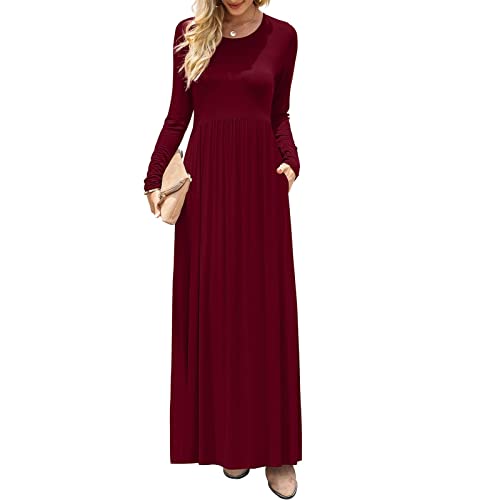 Damen Langarm Loose Plain Maxikleider Rundhalsausschnitt Seitentaschen Lässiges Langes Kleid(S-Weinrot) von Estink