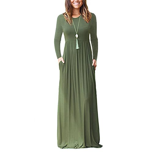 Damen Langarm Loose Plain Maxikleider Rundhalsausschnitt Seitentaschen Lässiges Langes Kleid(XL-OD-Grün) von Estink