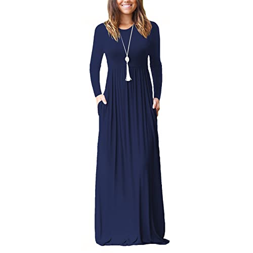 Damen Langarm Loose Plain Maxikleider Rundhalsausschnitt Seitentaschen Lässiges Langes Kleid(XL-Purpurblau) von Estink